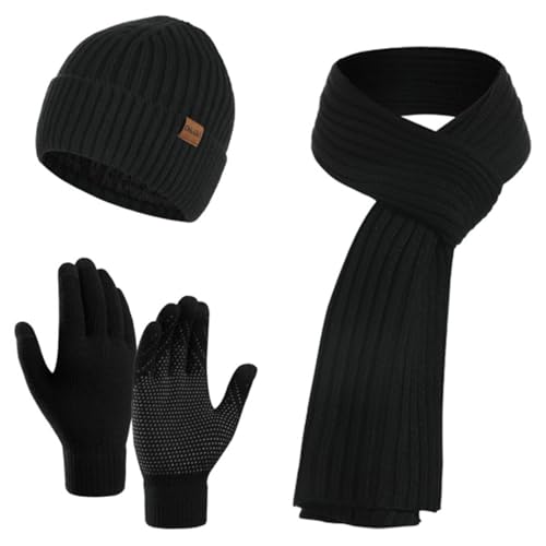 Bonnet Écharpe et Gants à Écran Tactile Tricotés Ensemble d'hiver Homme Bonnet Écharpe Ensemble Doublure Doux Chapeau Tricoté Chaud Unisexe Tricot Épais Casquette