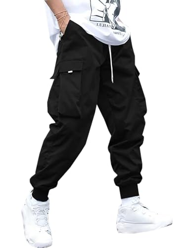 ZAFUL Men's Streetwear Cargo Pants with Flap Pockets & Drawstring Elastic Waist - Casual & Techwear Joggers A-Black