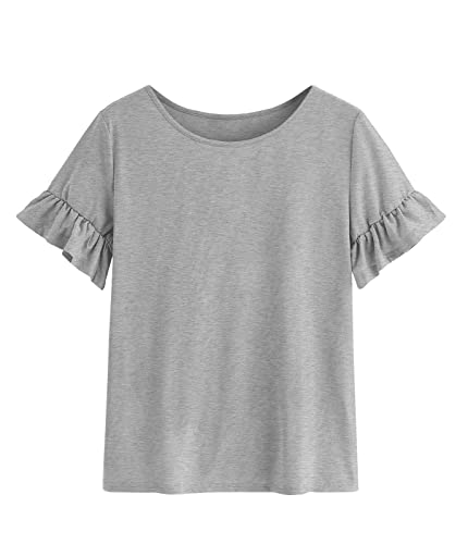 Kingdenergy Girls Summer Cute T Shirt Short Ruffle Sleeve Basic Soft Casual Plain Tunic Tops Tees Z-Grey #TOP3