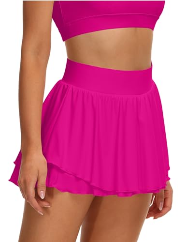 Image of UrKeuf Women's Athletic Tennis Skirts with Pockets 13in Ruffle Golf Running Workout Ice Silk Flowy Skorts with Sports Shorts