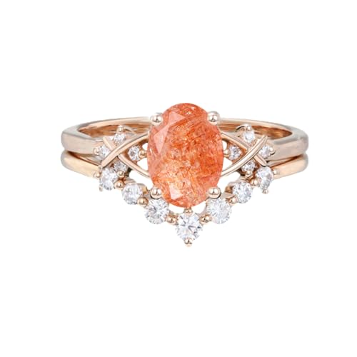 Sunstone Wedding Ring Set 925 Sterling Silver 10K 14K 18K Gold Oval Cut Orange Sunstone and Moissanite Engagement Ring Set Bridal Ring Sets for Women Free Engraving