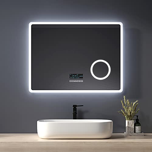 Heilmetz Miroir Salle de Bain 80 x 60 cm, Miroir Salle de Bain avec eclairage, Interrupteur Tactile, Anti-buée, Horloge, Bluetooth, Miroir LED avec Loupe 3X, Fonction Mémoire, IP44