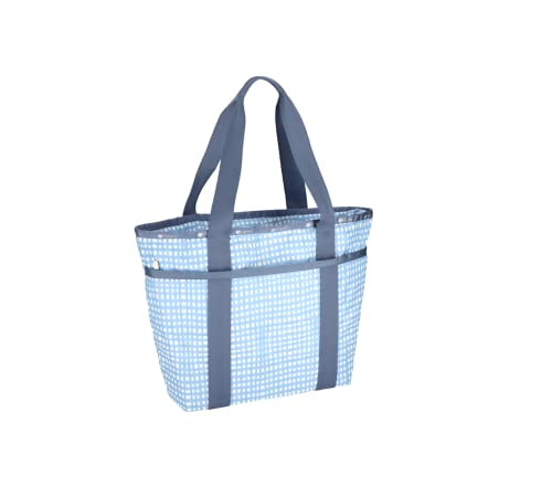 Lesportsac Painterly Weave Everyday Zip Tote Handbag/Travel Bag, Style 3867/Color E612, Dreamy Sky Blue & Crisp White Unite, Abstract Playful Gingham Inspired Weave, Subtle Pearlized Sheen #TOP1