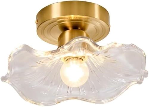 HTERWQEA Lámpara techo semiempotrada latón mediados siglo con pantalla cristal transparente con diseño flores, 23 cm, pequeña, for pasillo, entrada y cocina.