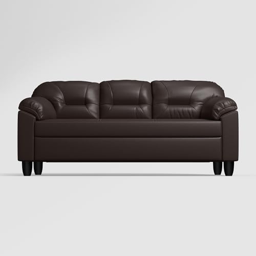 Image of Interio by Godrej Sofa Rejoice 3 Seater Leatherette Sofa for Living Room, 1-Year Warranty, Pinewood, Coffee Brown