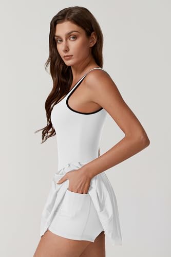 Image of QINSEN Womens Square Neck Tennis Dress Pleated Sleeveless Built in Shorts Golf Athletic Dress with Pockets