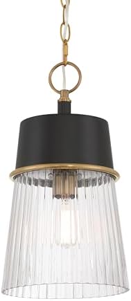 Minka Lavery 192-876 Stamford 9" Wide Mini Pendant - Dark Matte Black and Legacy Brass with Clear Ribbed Glass