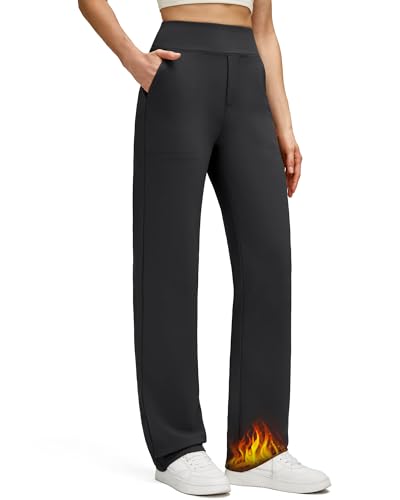 G4Free Women's Pants Fleece Lined Straight Leg Dress Pants Winter Thermal Work Trousers with Pockets (Black,XL,32