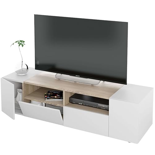 Habitdesign Modulo TV, Mueble de Salon, Juego de Muebles, Modelo Tamiko, Acabado en Blanco Artik y Roble Canadian, Medidas: 138 cm (Largo) x 42 cm (Fondo) x 36 cm (Alto)