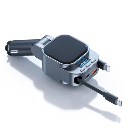 Retractable Car Charger, 96W FM Transmitter, 4-in-1 Fast Charging USB C Bluetooth 5.3 Car Adapter, Wireless Radio Receiver