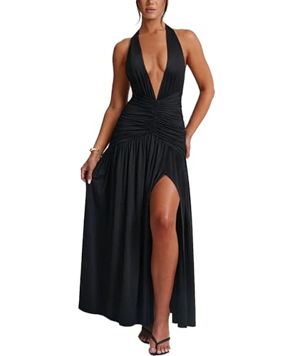 Image of Ekaliy Women's Sexy Halter Deep V Neck Maxi Dress Sleeveless Backless High Slit Ruched Long Dress Summer Party Cocktail Dress