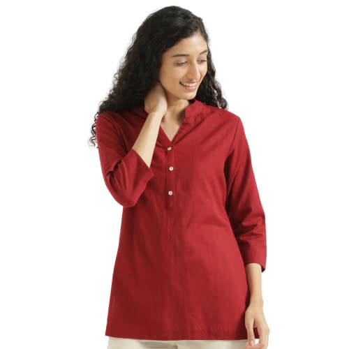 Image of SAADAA Women Short Kurti Airy Linen Regular Fit Kurta with 3 /4th Sleeves, Mandarin Collar, Side Slit Perfect for Casual, Formal, and Ethnic Wear