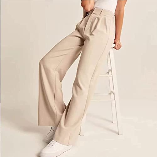 Ujicde Women's Casual Wide Leg High Waisted Down Straight Long, Wide Leg Pants with Pockets for Work (Color : Khaki, Size : Small)4