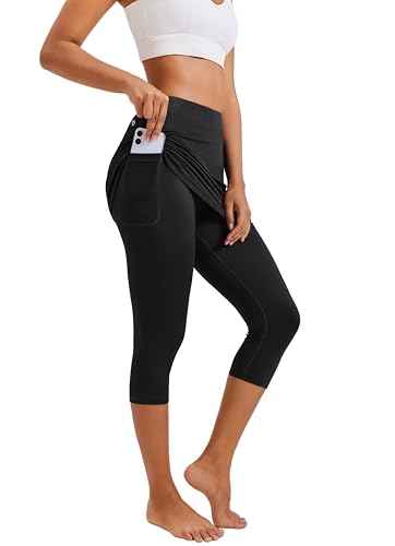 PINSPARK Tennisrock Damen mit Hose Knielang Yoga Sportrock Schnelltrocknend Leggings mit Rock Herbst Fitness Gym Hosenrock Outdoor Golf Volleyball Sports Skort Schwarz S