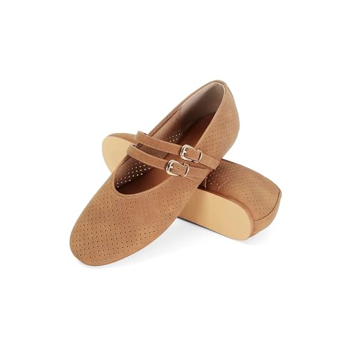 SOVANYOU Suede Mary Jane Flats for Women Perforated Round Toe Ballet Flats with Double Buckle Strap Breathable Mesh Ballerina Shoes4