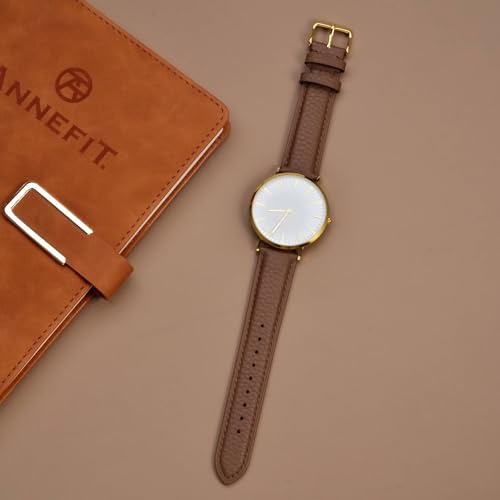 Image of ANNEFIT Watch Band 15mm, Quick Release Textured Padded Leather Straps with Gold Buckle for Men and Women (Brown)