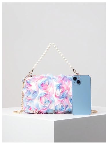 QWINEE Women's Faux Pearl Clutch Bag Flower Shape Small Crossbody Bag Evening Satchel Bag Tote Handbags Prom Bags Pink and Blue One Size3
