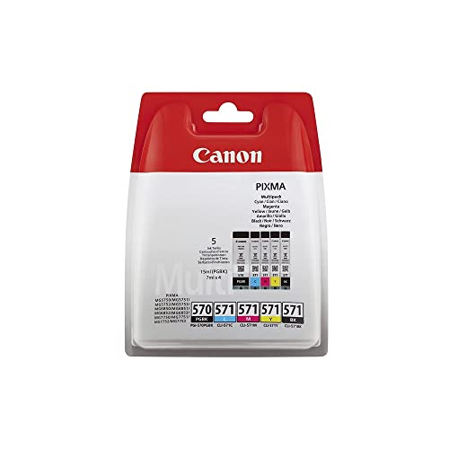 Canon PGI-570/CLI-571 Cartouches PGBK/C/M/Y/BK Multipack Noire Pigmenté, Cyan, Magenta, Jaune, Noire (Multipack plastique)