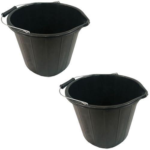 KAPCO 2 x 14L Heavy Duty Black Builders Buckets | Strong Metal Handle & Plastic Grip Durable Plastic Bucket Ideal for Mixing DIY Gardening Car Washing Animal Feeding & Water Storage (3 Gallons)