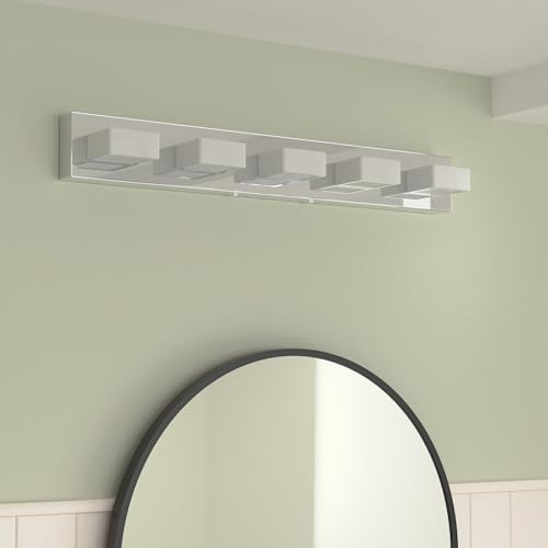 Image of Ralbay Dimmable Chrome Bathroom Light Fixtures 5 Lights Modern LED Vanity Light Fixtures Acrylic Stainless Steel Chrome Bathroom Vanity Wall Lighting Over Mirror
