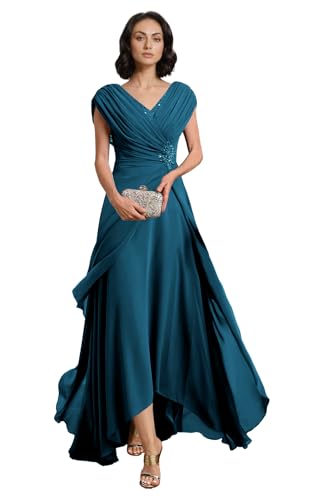 V Neck Chiffon Mother of The Bride Dresses Cap Sleeve Ruffle Mother of The Groom Dress for Wedding