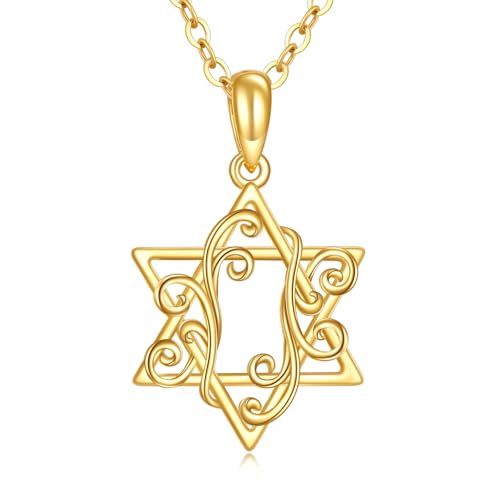 DOVRAN 14K Yellow Gold Star of David Necklace Solid Yellow Gold Filigree Hexagram Pendant Traditional Jewish Jewelry Gifts for Women