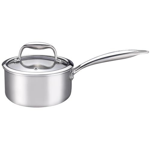 KC-Emier 1-Quart Saucepan with Lid Tri-Ply Stainless Steel Pot with Stay-Cool Handle & All Cooktop Compatibility (Gas Ceramic Electric) - Silver