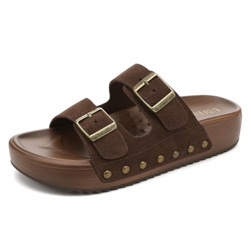 Image of UBFEN Womens Platform Slide Sandals | Real Leather,Buckle Sandals with Cushioned Flatform Footbed,Comfortable for Walking,Arch Support,Casual Styling