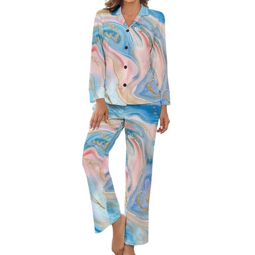 Pyjama à manches longues au motif marbre et feuilles d'or contrasté