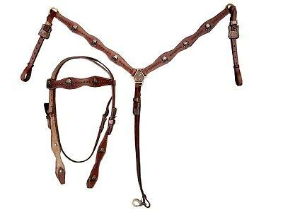 Western Leather Headstall, Breast Collar & Reins Set - Hand Tooled, Stainless Steel, Full & Cob Size, For Trail Riding