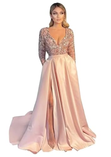 Rjer Long Sleeve Sequin Prom Dresses Satin Ball Gown Slit V Neck Formal Evening Gowns with Pockets