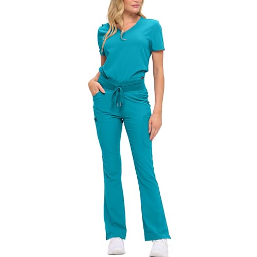 Monarch Uniforms Womens Soft Stretch Scrub Set With Nine Pockets V-Neck Top & High-Waisted Bootcut Pants-TEAL-PETITE-L