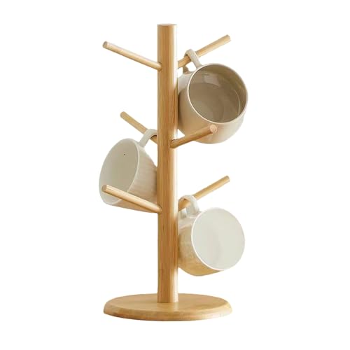 Mug Tree 6 Mugs, Espresso Cups Tree, Wooden Mug Holder for Kitchen, Storage Organizer Kitchen Storage Rack, Weighted Base Cup Stand with Detachable Branches, Space Saving Mug Rack for Coffee Tea Mugs