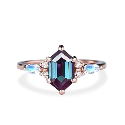 Vintage Alexandrite Engagement Ring, Elongated Hexagon Cut - 4.87 Carat, Cluster Moonstone Ring Unique June Birthstone Promise Wedding Ring, Solitaire Alexandrite Bridal Ring, Art Deco Statement Ring For Anniversary Ring with Gift Box {BL-AL-60}