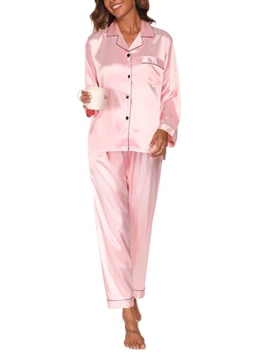 Reliwel Women's Pyjama Sets Silk Satin Long Sleeve Button Down Ladies Pyjamas two Piece Silk Pjs for Women Sets Sleepwear Loungewear Nightwear for Spring Summer,Pink,S