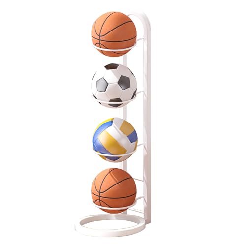 VEAREAR 4-Layer Ball Storage Rack, Vertical Basketball Stand, Space-Saving Ball Display Stand, Ball Rack Organizer for Volleyball, Football, Soccer (White)