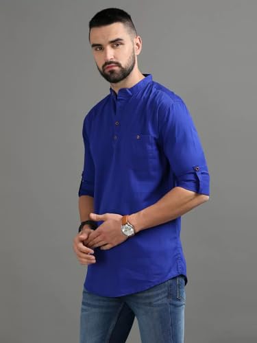 Image of DEEMOON Men's Cotton Blend Full Sleeve Short Kurta with Mandarin Collar Crafted from a Premium Cotton Blend