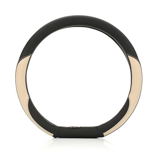 Image of SOFT X Flat Bottom Faux Leather Car Steering Wheel Cover Breathable & Anti Slip D Shape Steering Cover for Untlimate Comfort & Style (Beige & Black)