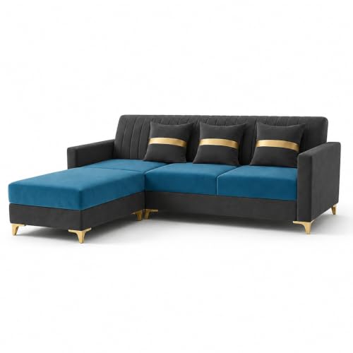 Image of CASASTYLE Signature Groovy 4-Seater L-Shape Sofa Set with Movable Ottoman | Flexible LHS /RHS Layout | Boston Fabric & Plush Cushions | 40D Foam + Zigzag Spring | 3-Yr Warranty (Dark Grey-Aqua Blue)
