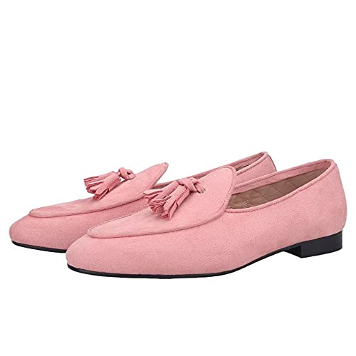 HI&HANN 2021 New Pink Color Velvet Tassel Men Loafers British Style Classic Men Smoking Slippers for Wedding and Party Plus Size