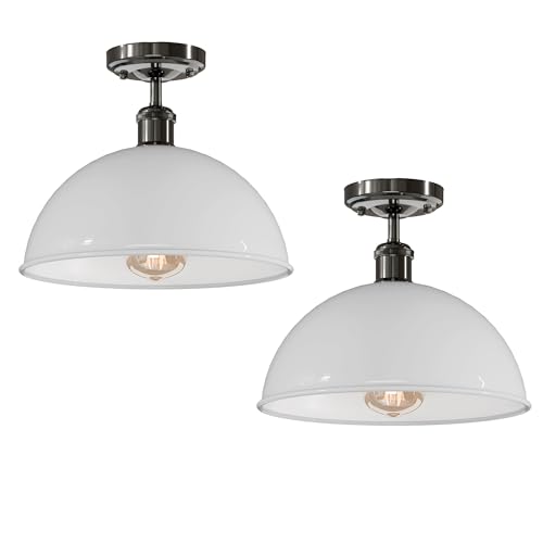 Image of DC VOLTAGE Industrial Metal-Semi Flush Mount E27 30cm Dome Lampshade 2 Pack Ceiling Light Fixture for Living Room Bedroom Dining Room (White with Bulb)