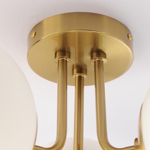 Brass 3 Lights Semi Flush Mount Ceiling Light Fixture, Frosted Glass Shade Vintage Close to Ceiling Light Fixture, Modern Indoor Flush Mount Light for Bedroom, Sputnik Ceiling Lights Fixture