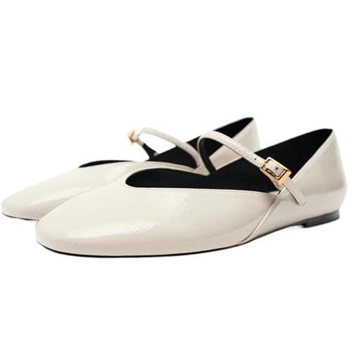 Women's Patent Leather Elegant Ballet Flats Comfortable Round Toe Adjustable Buckle Strap Flat Non-Slip Mary Jane Shoes Suitable for Dancing Walking