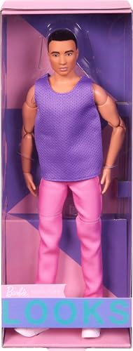 Barbie Ken Looks Doll with Brown Hair, Color Block Outfit, Purple Fishnet Top and Pink Pants, Style and Pose, Collectable, Children's Toy, From 3 Years, HJW84