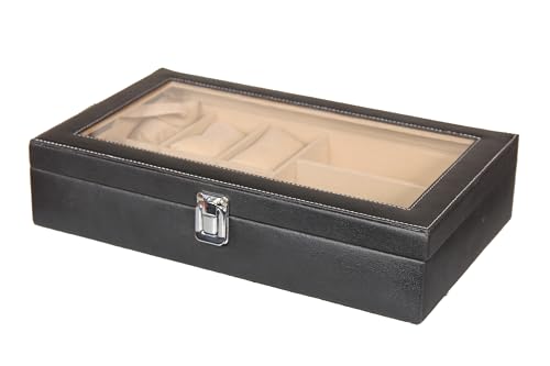 Image of Sukeshcraft 6 Slot Watch Organizer Case with Lock - Premium Black PU Leather Watch Box for Men - Sunglass Storage Compartment (Black Pu -Cream Velvet)