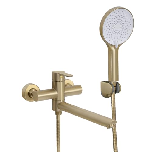 PHASAT Robinet Baignoire Mural avec Douchette, Robinet Mitigeur pour Salle de Bains en Acier Inoxydable bec Rotatif à 90° Or Brossé PTBG13E