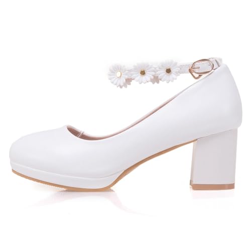 Women's Round Toe Ankle Strap Dress Pumps Shoes Comfortable Mid Heels Flowers Girls Mary Jane Shoe3