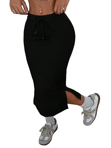 EARKOHA 2025 Skirts for Women High Stretch & Cool-Fabric Solid Split Side Drawstring Waist Skirt Black L