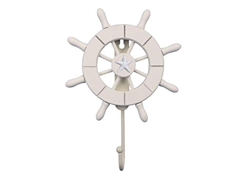 Handcrafted Nautical Decor White Decorative Ship Wheel with Starfish with Hook 6" - Wooden Ship Wheel - Sh