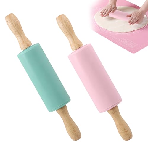 Lot de 2 rouleaux à pâtisserie pour enfants avec poignée en bois - En silicone - Surface antiadhésive - Pour la cuisson de gâteaux, pizza, fondant,...